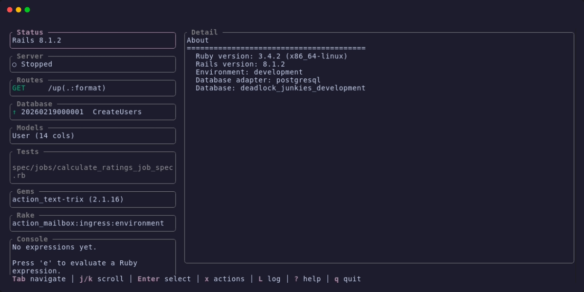 Lazyrails TUI cycling through panels: Status, Server, Routes, Database, Models
